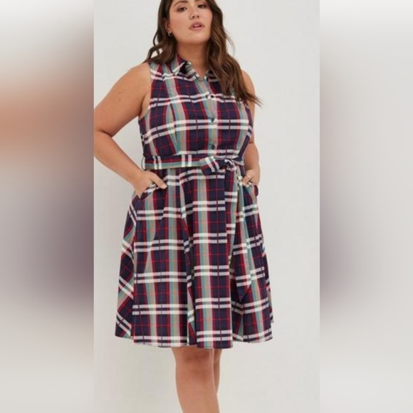 torrid Dresses & Skirts - Torrid 2 Sleeveless Pullover Navy blue Red Plaid collared Shirt Dress w Belt
